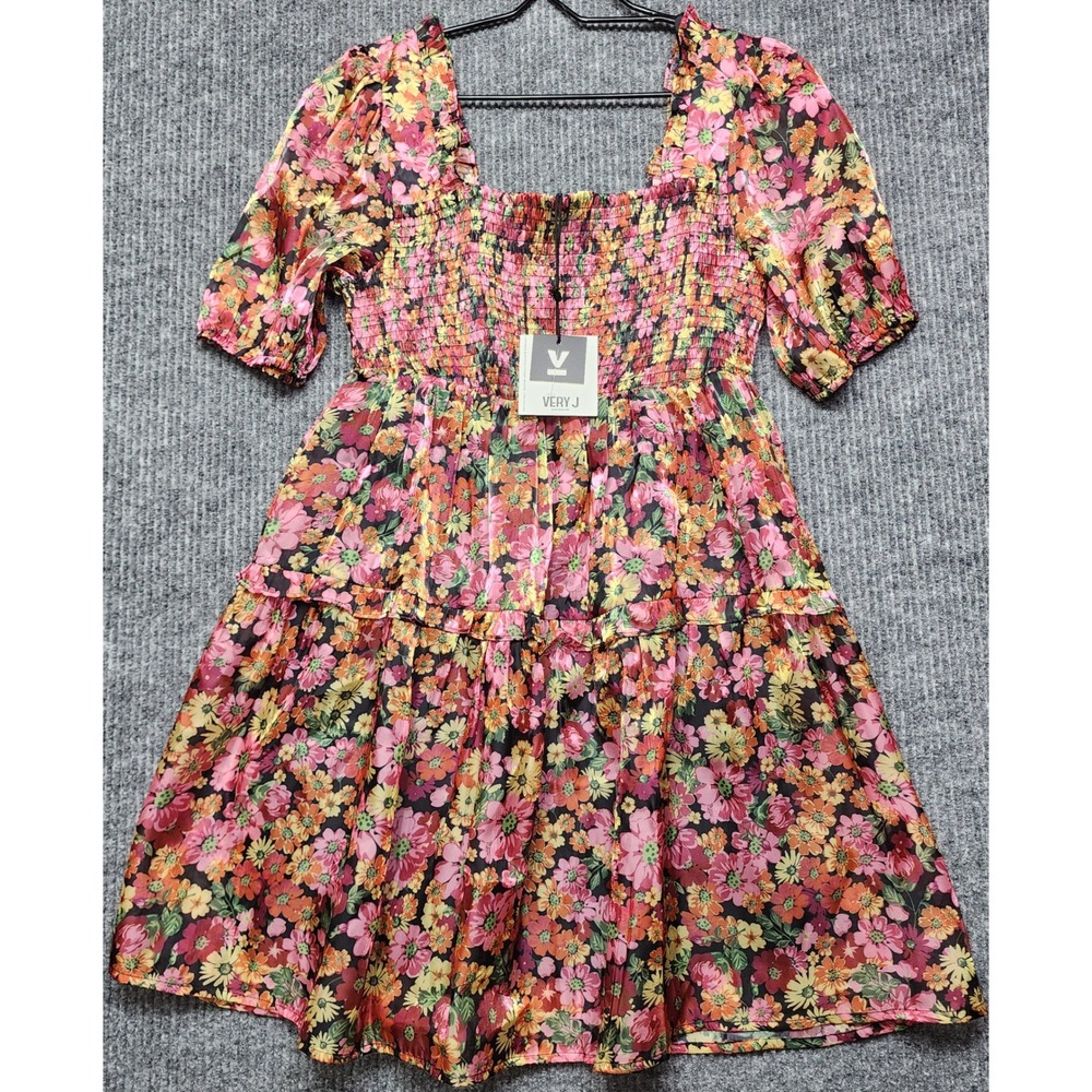 Very J Floral Smocked Mini Dress Multi Color Puff Sleeve Party